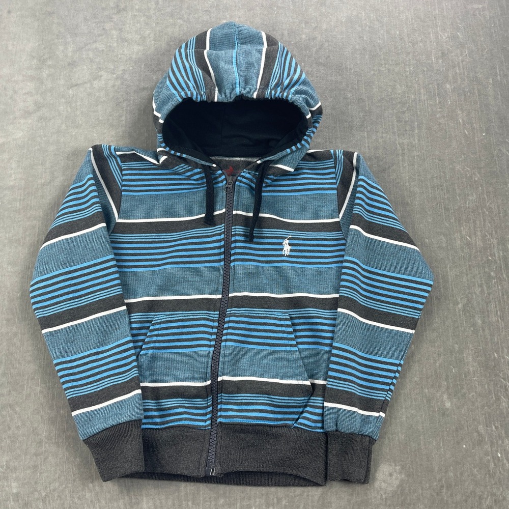 Pacific Polo Club Men Small Blue Striped Full Zip Hoodie Fleece Lined
